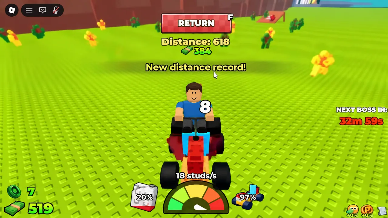 The New distance record results screen with the RETURN button after a run