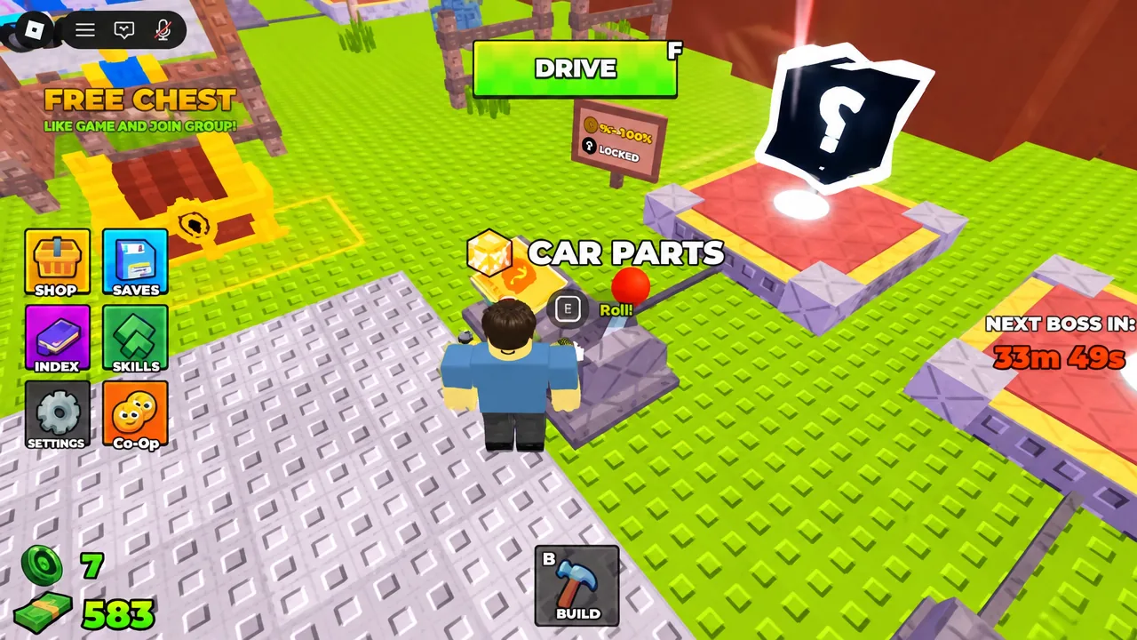Rolling for parts at the CAR PARTS station with the E Roll prompt highlighted