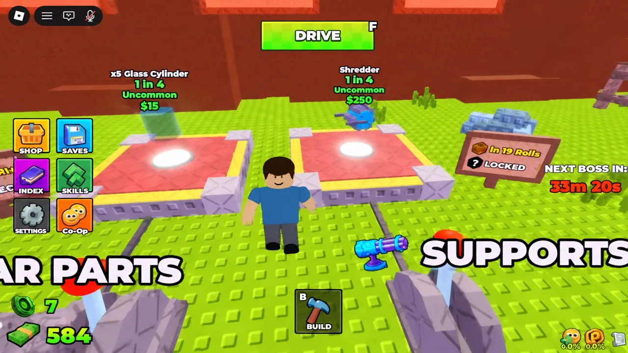 The green DRIVE button on the gameplay screen next to the Glass Cylinder and Shredder platforms