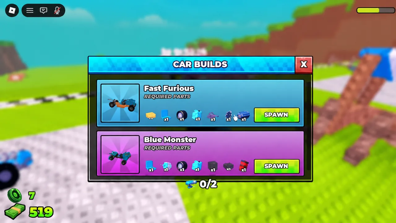The CAR BUILDS menu listing the Fast Furious and Blue Monster blueprints with spawn buttons