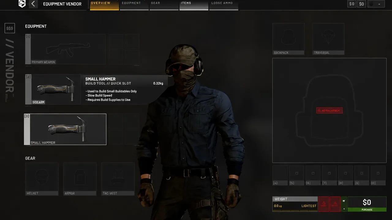 Equipment vendor overview screen with the Small Hammer highlighted in slot 3