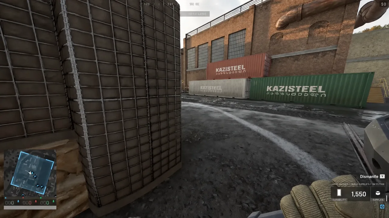 Gameplay view showing the V key dismantle prompt over a targeted supply object