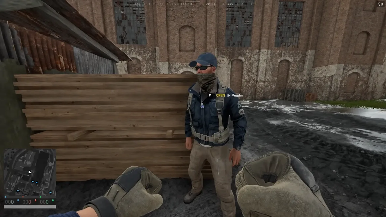 The F OPEN Vendor interaction prompt highlighted while aiming at the vendor stall in WARDOGS