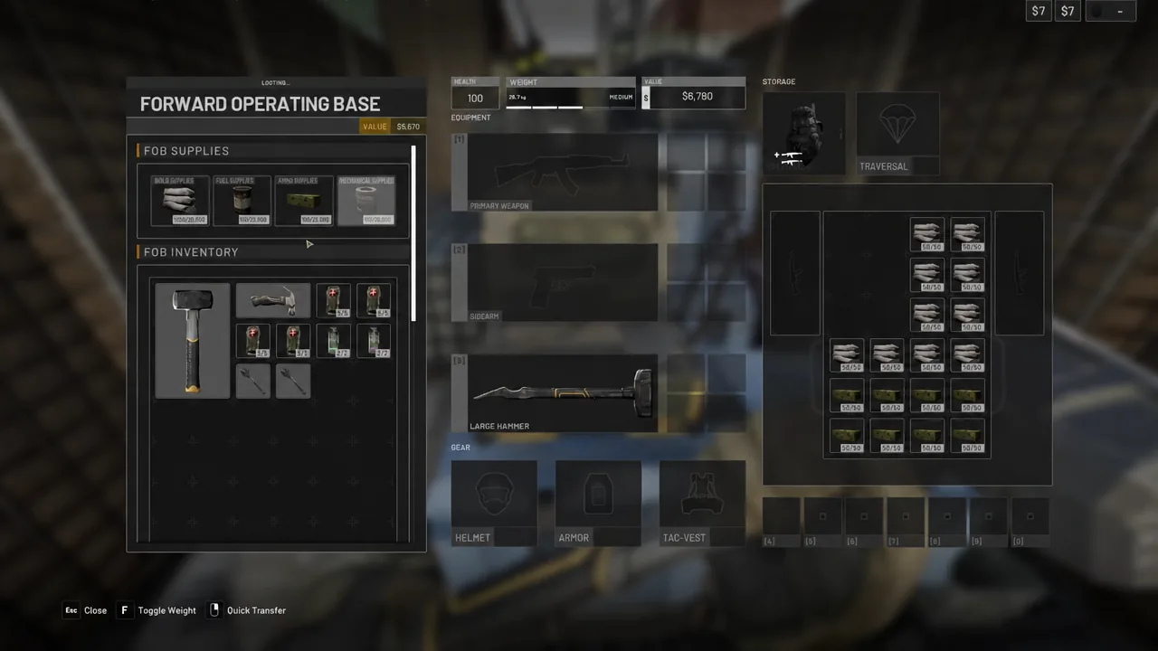 Forward Operating Base terminal interface showing FOB inventory and storage transfer with a Large Hammer listed