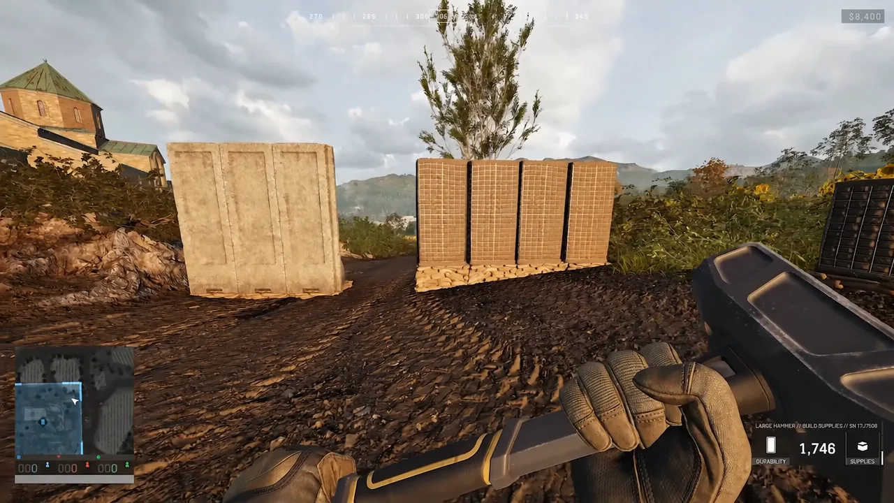 Large Hammer equipped while the player checks buildable cover pieces and stored supplies