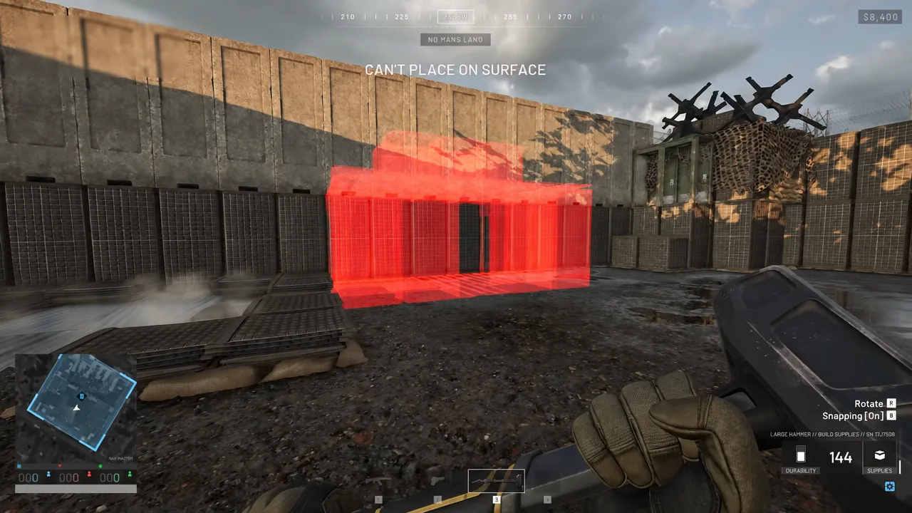Red structure preview rejected on the surface during a No Man's Land match