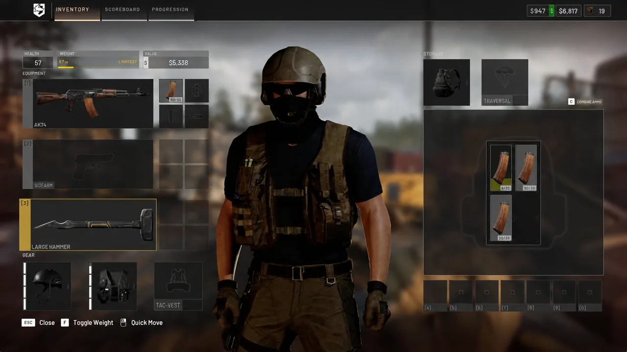 Wardogs inventory screen with the Large Hammer highlighted in an equipment slot.