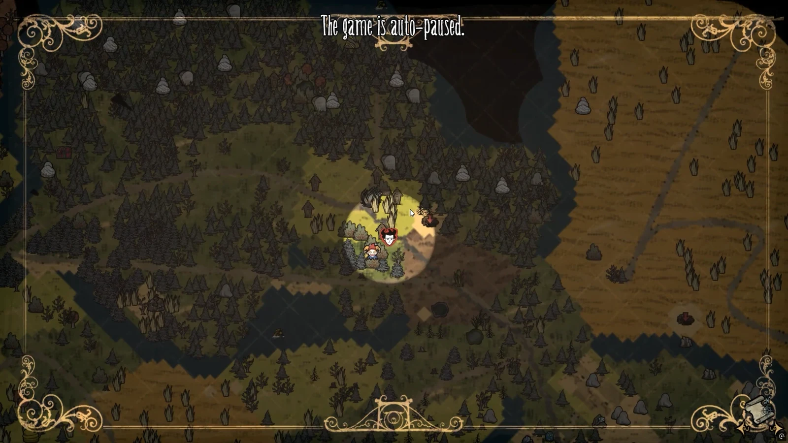Dimmed, auto-paused Don't Starve Together world with grass and trees visible.