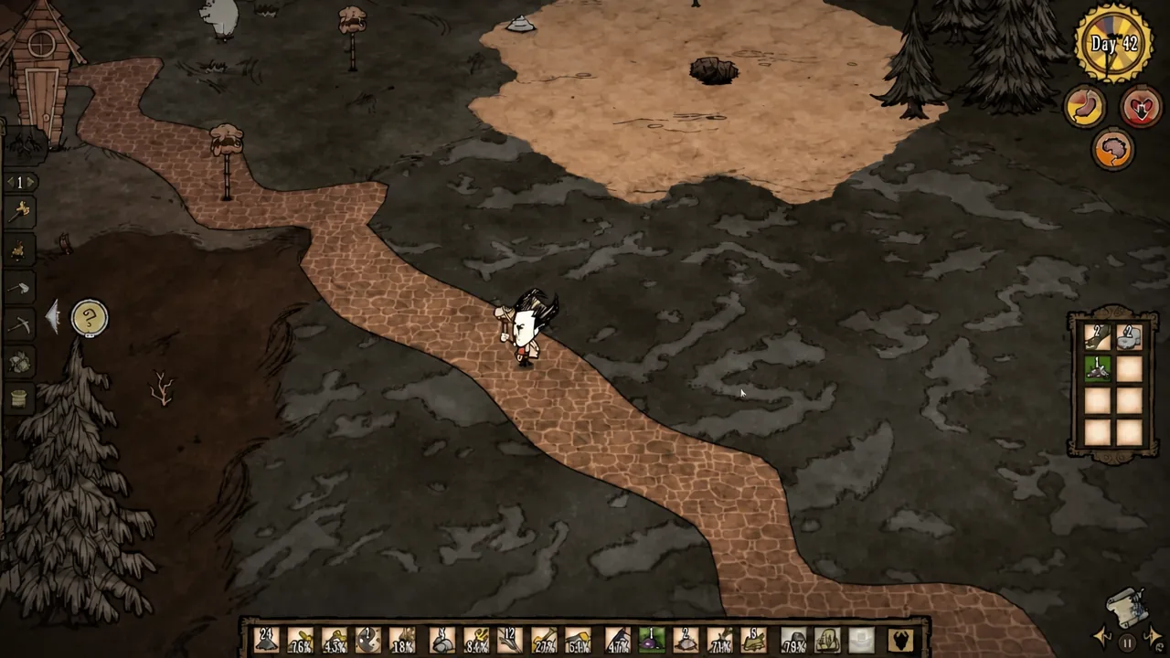 Character moving through a forested area of the world where pigs live.