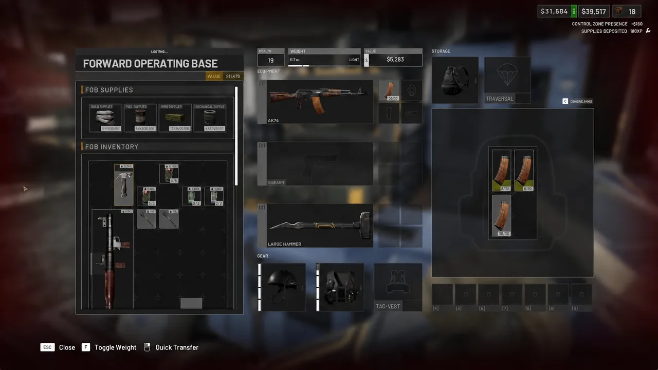 Forward Operating Base inventory screen with weapon slot and stored magazines