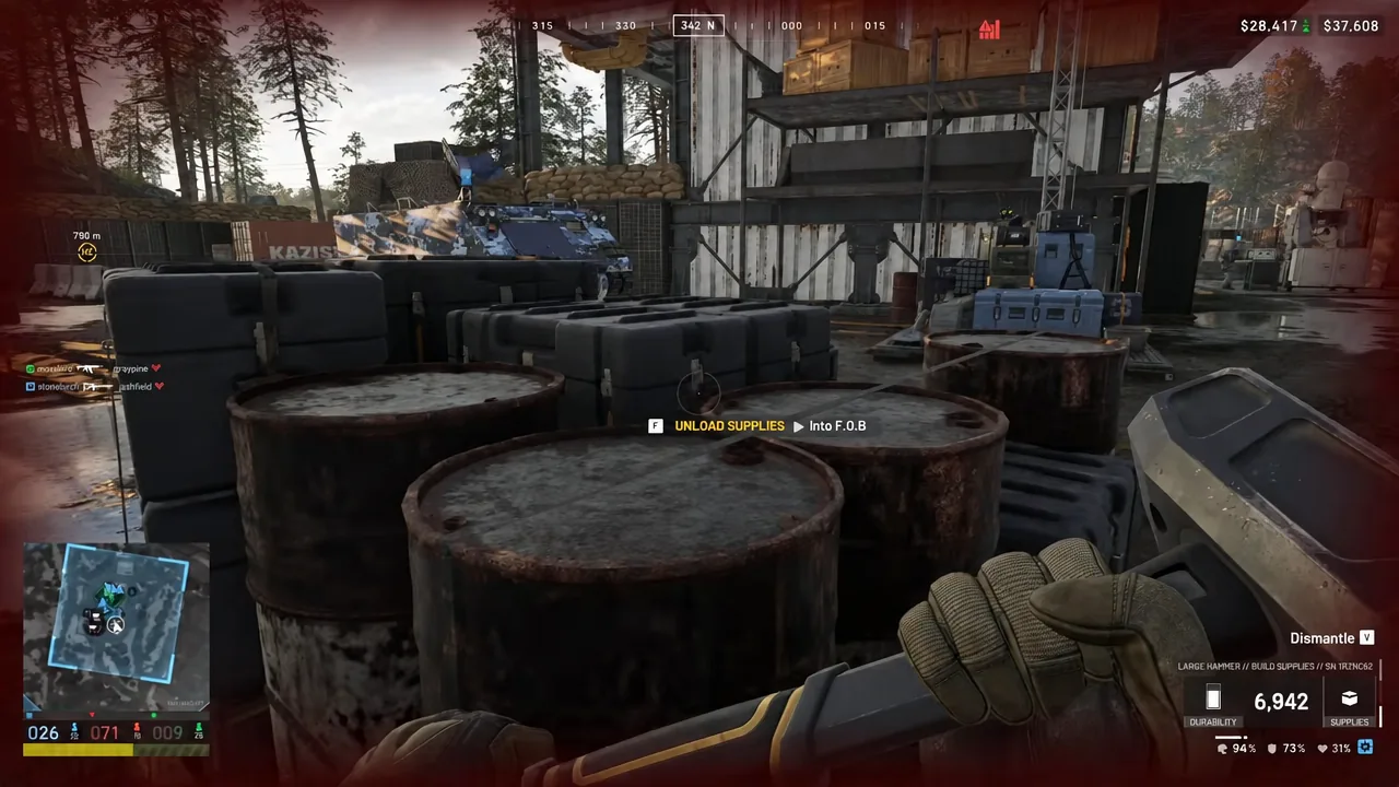 On-screen prompt to unload supplies into the F.O.B during gameplay