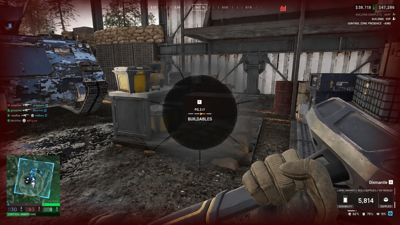 The BUILDABLES radial menu open in WARDOGS with a structure selected for placement