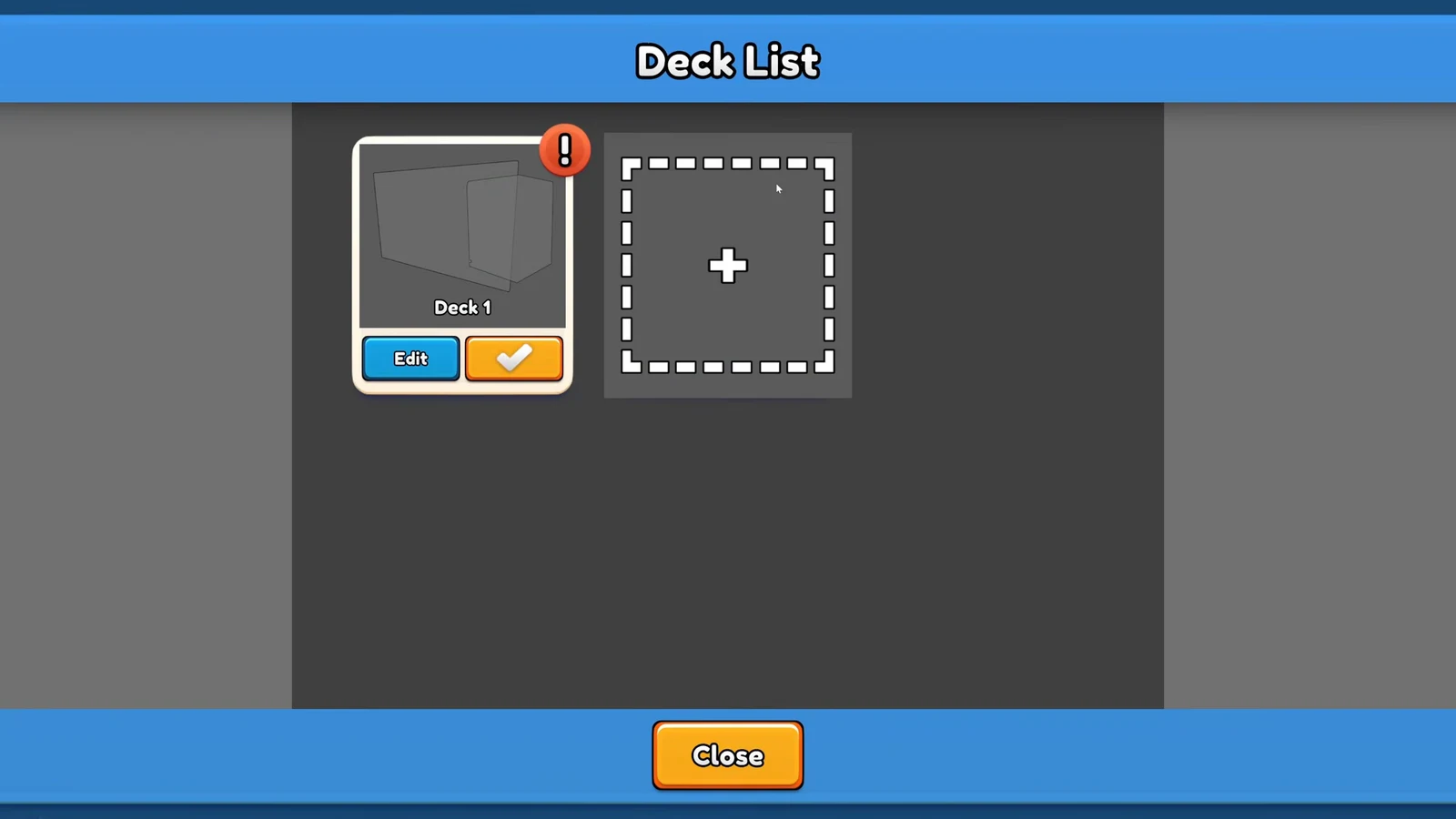 Deck List screen showing Deck 1 with an Edit button and an empty deck slot