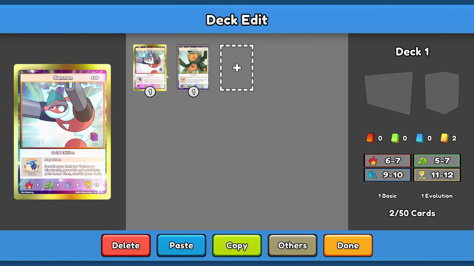 Deck Edit screen with the Gannon card selected and two cards already in Deck 1