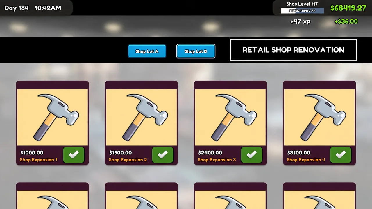 In-game phone showing shop renovation options with Shop Lot B selected