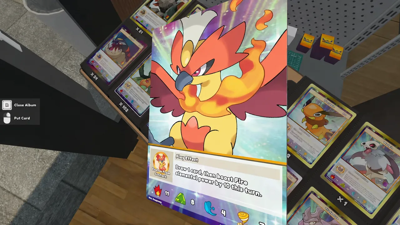 Card album open during deck building with card values and album counts listed