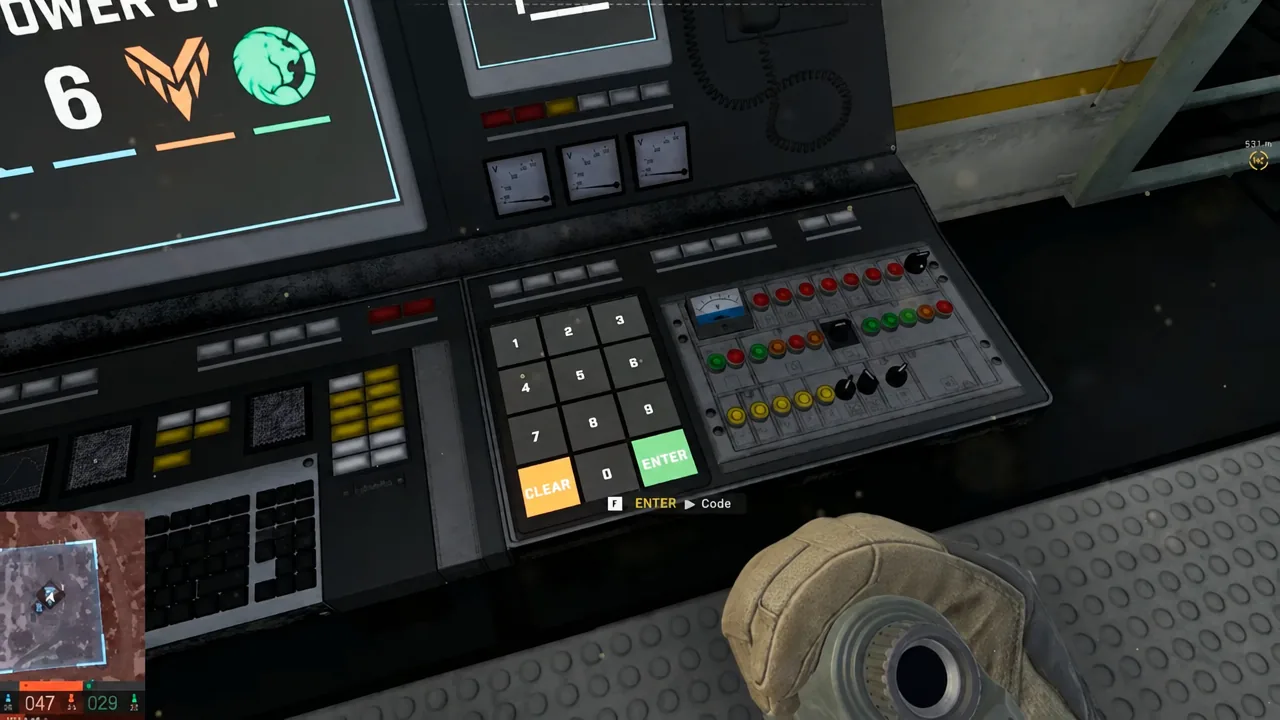 Numeric keypad on a Wardogs tower console with a code entered and the ENTER key highlighted