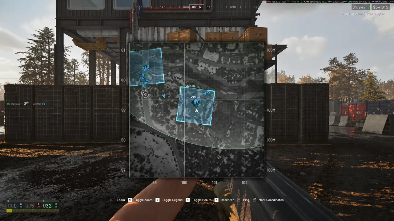 Tactical Map screen open in Wardogs with FOB supply zones and capture squares marked