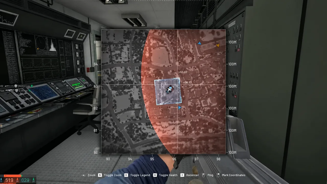 Overhead Wardogs map showing Tower 01 sitting inside the circular Hot Zone perimeter