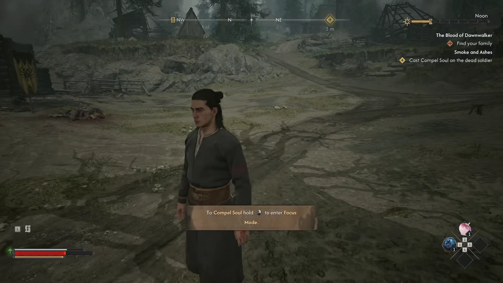 On-screen prompt to hold Focus Mode and cast Compel Soul on the dead soldier during Smoke and Ashes