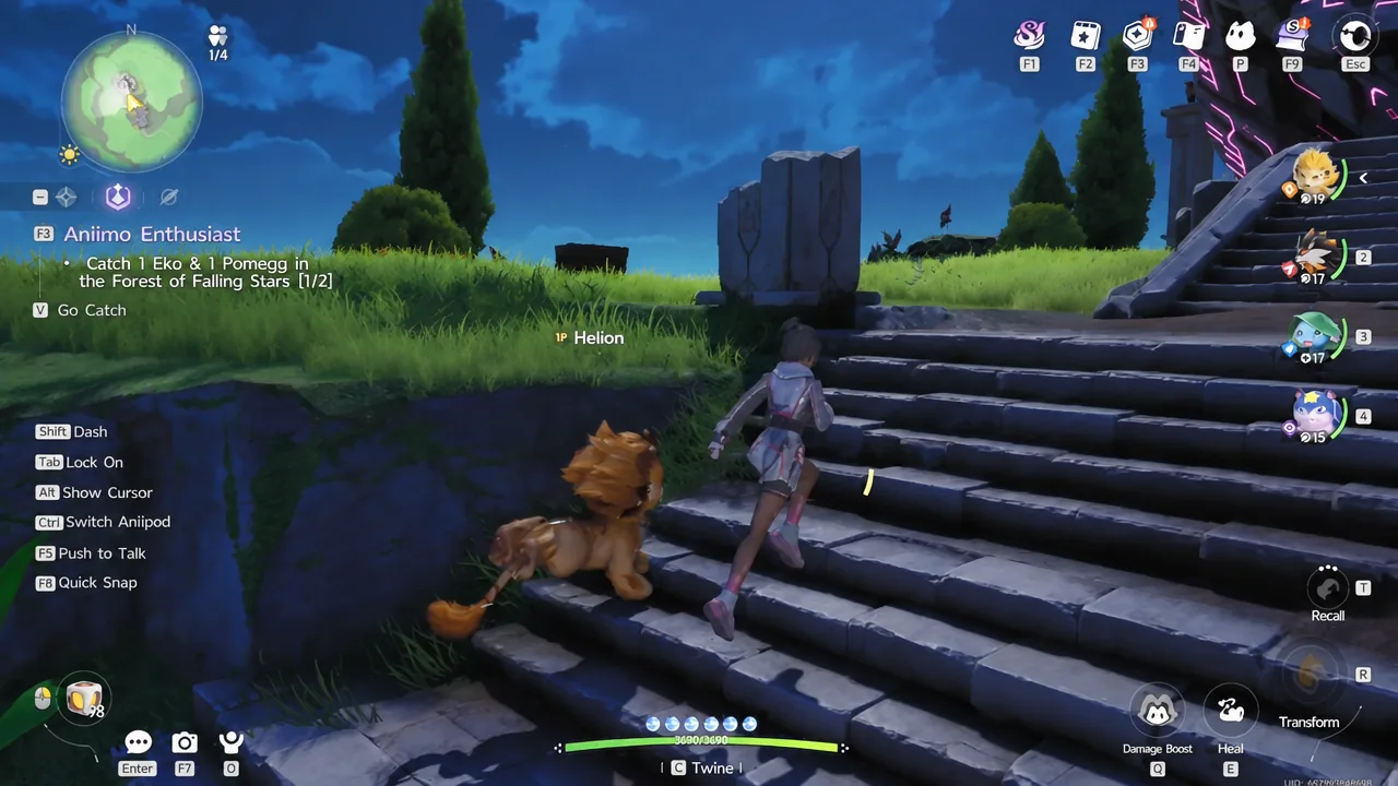 Climbing the stone steps at the ruins with the Go Catch objective highlighted on the quest tracker