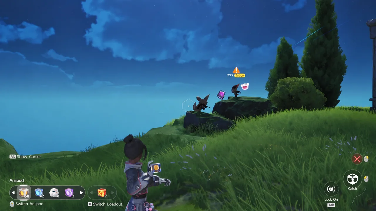 Aiming at a newly discovered creature with the Catch button prompt showing on screen