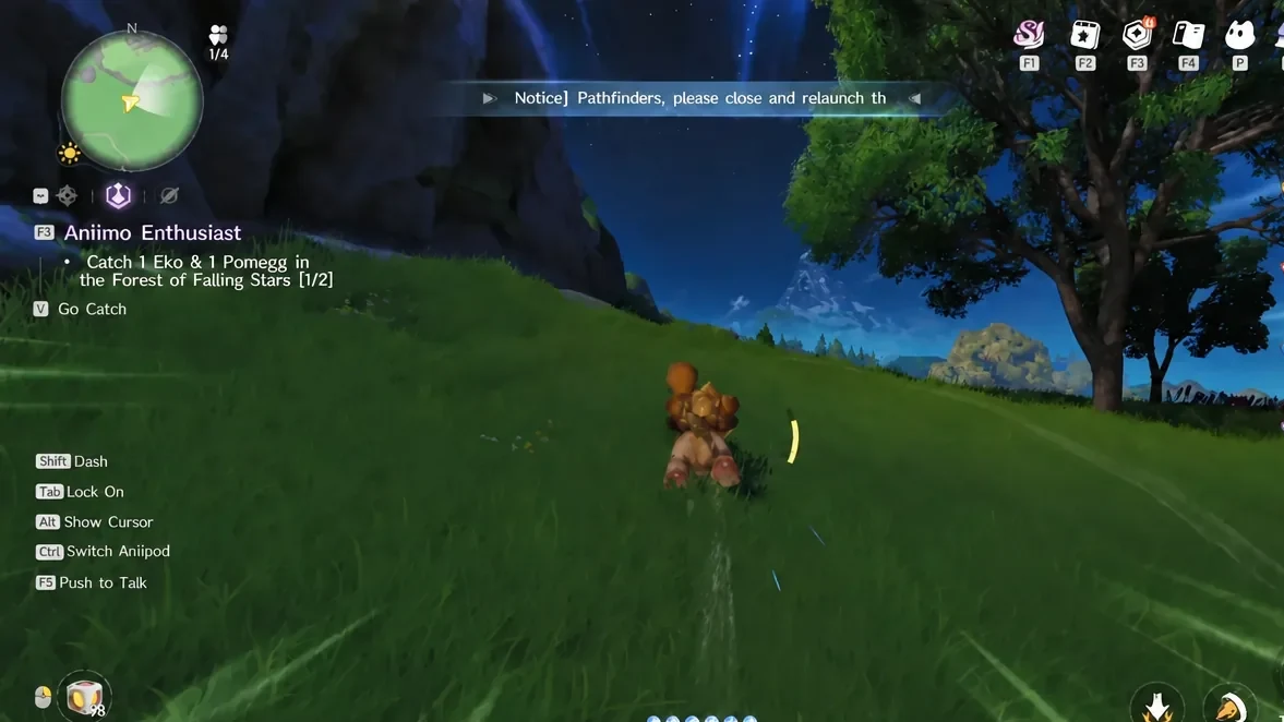 On-screen quest tracker reading Catch 1 Eko & 1 Pomegg while running through the Forest of Falling Stars