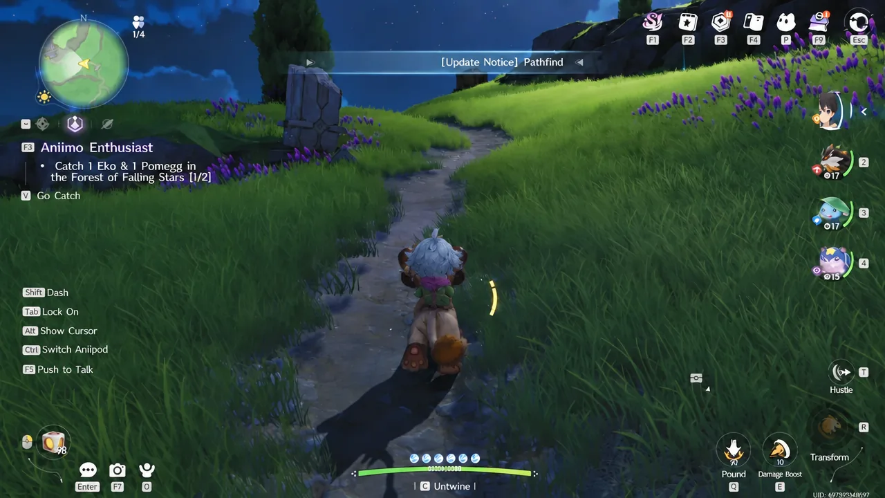 Player riding a mount up the dirt forest path toward the ruins