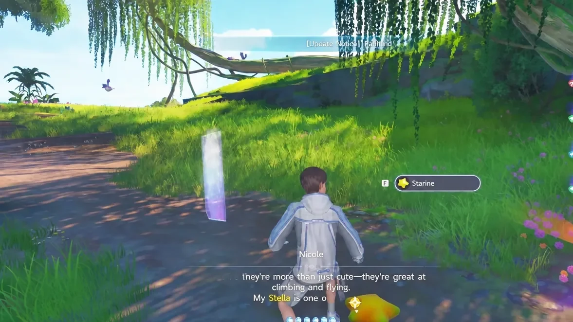 An F interaction prompt appearing over a Starine in the open world