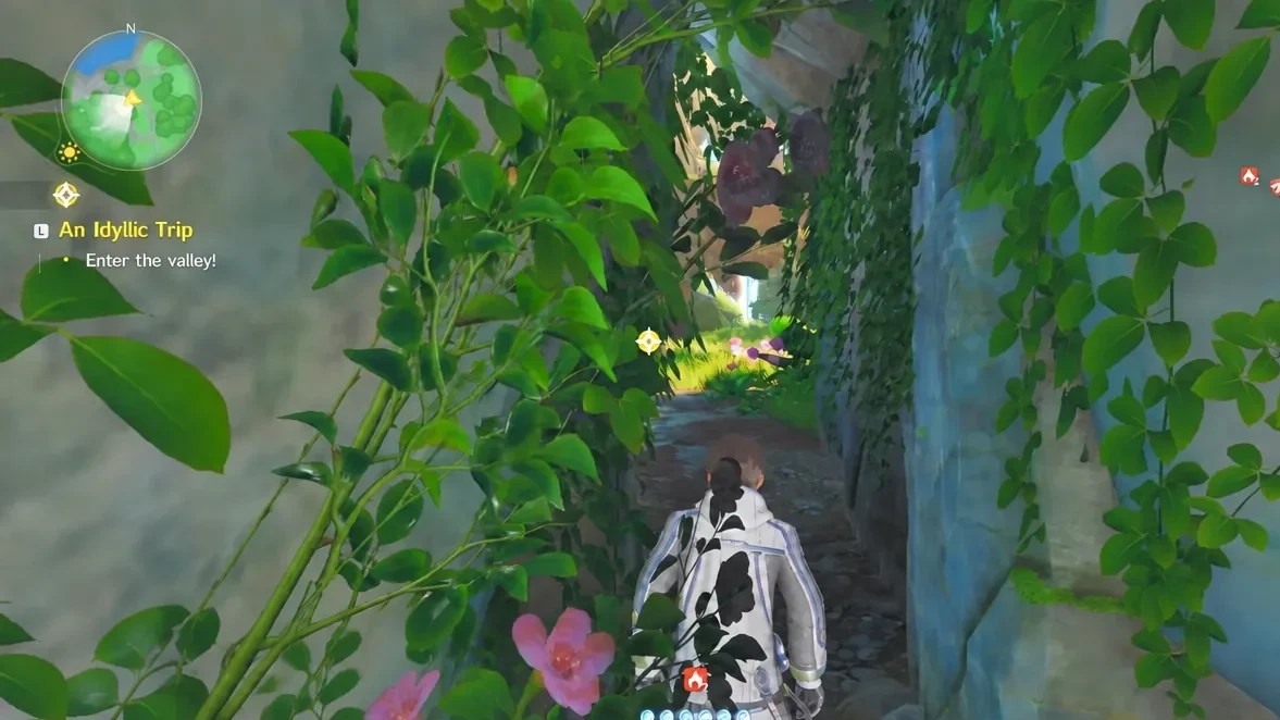 Quest objective reading Enter the valley! as the player follows the cleared path