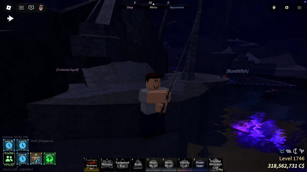 Poseidon Rod selected in the hotbar while casting into the water in Fisch