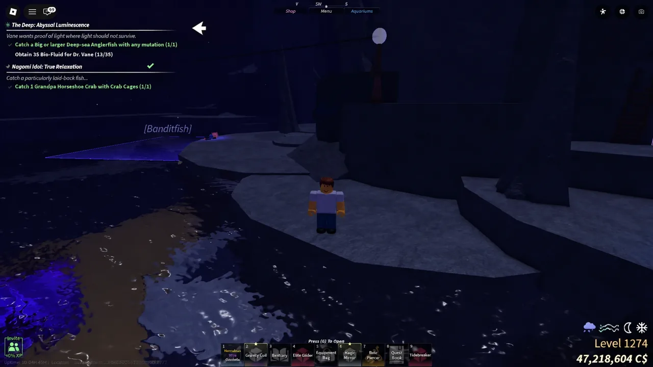 The Deep: Abyssal Luminescence quest tracker on screen while swimming through the Desolate Deep water