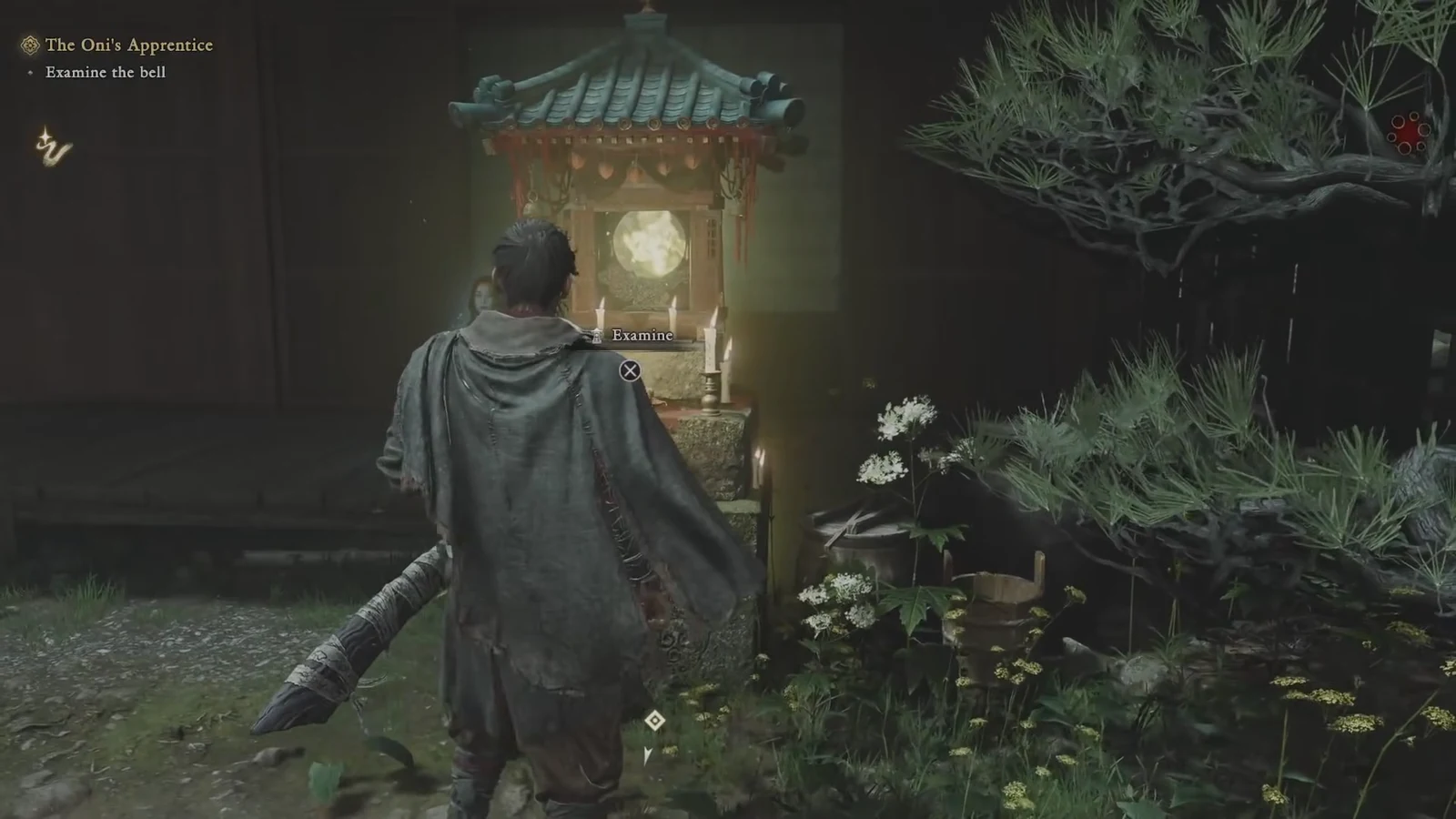 Musashi at the bell shrine with an Examine prompt while The Oni's Apprentice quest is tracked