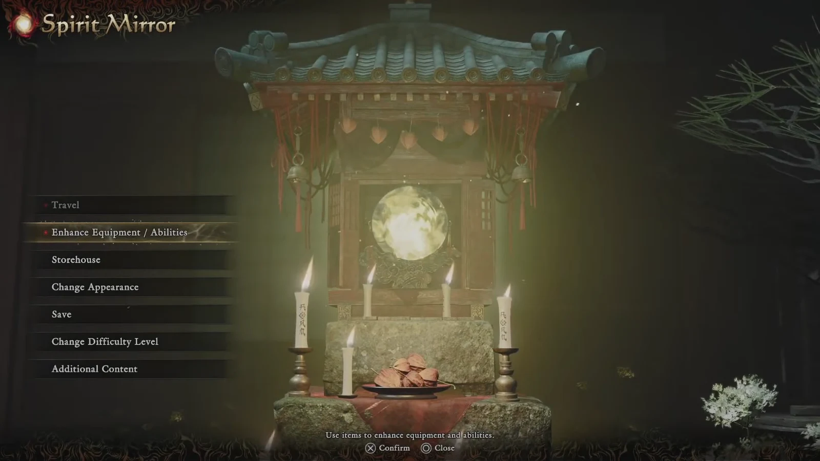 Spirit Mirror menu with Enhance Equipment / Abilities highlighted above the Change Appearance option