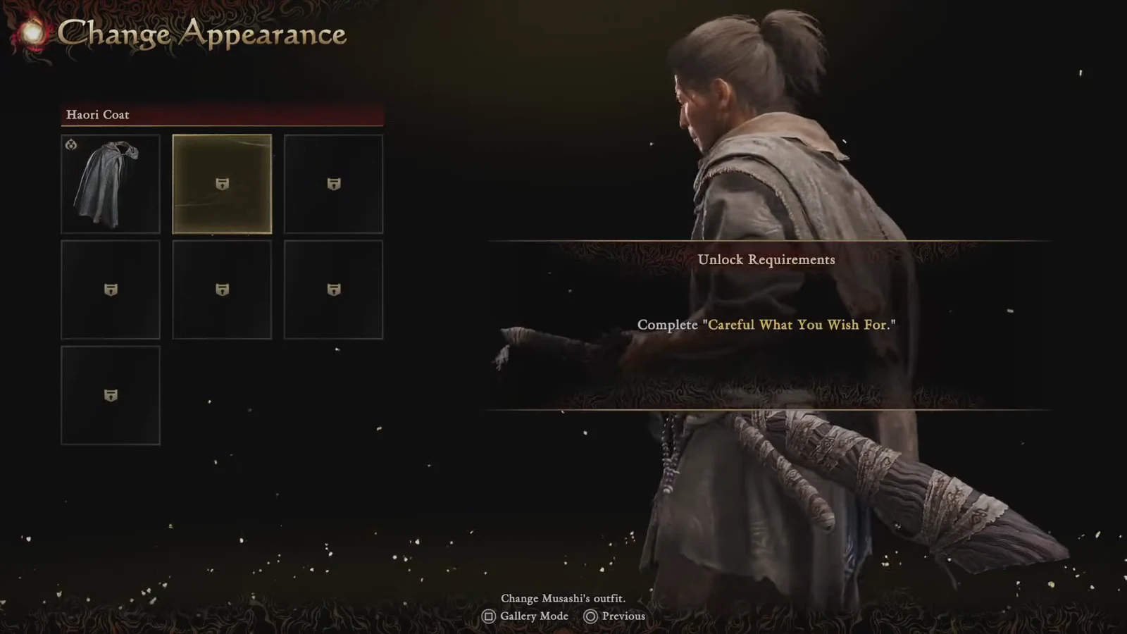 Change Appearance screen showing a locked Haori Coat slot with its quest requirement listed