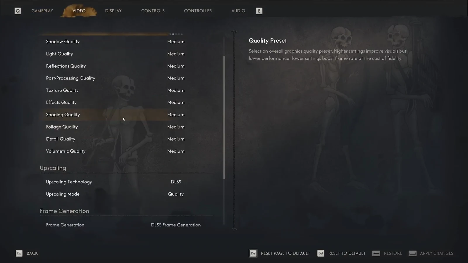 Video settings list with Shading Quality set to Medium alongside upscaling and frame generation options
