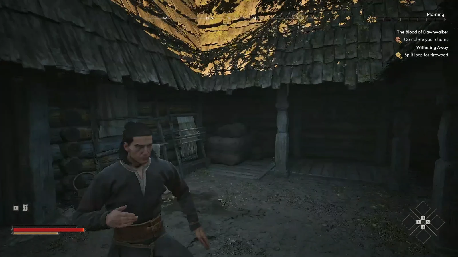 Back in gameplay inside a shelter with the Withering Away objective to split logs for firewood