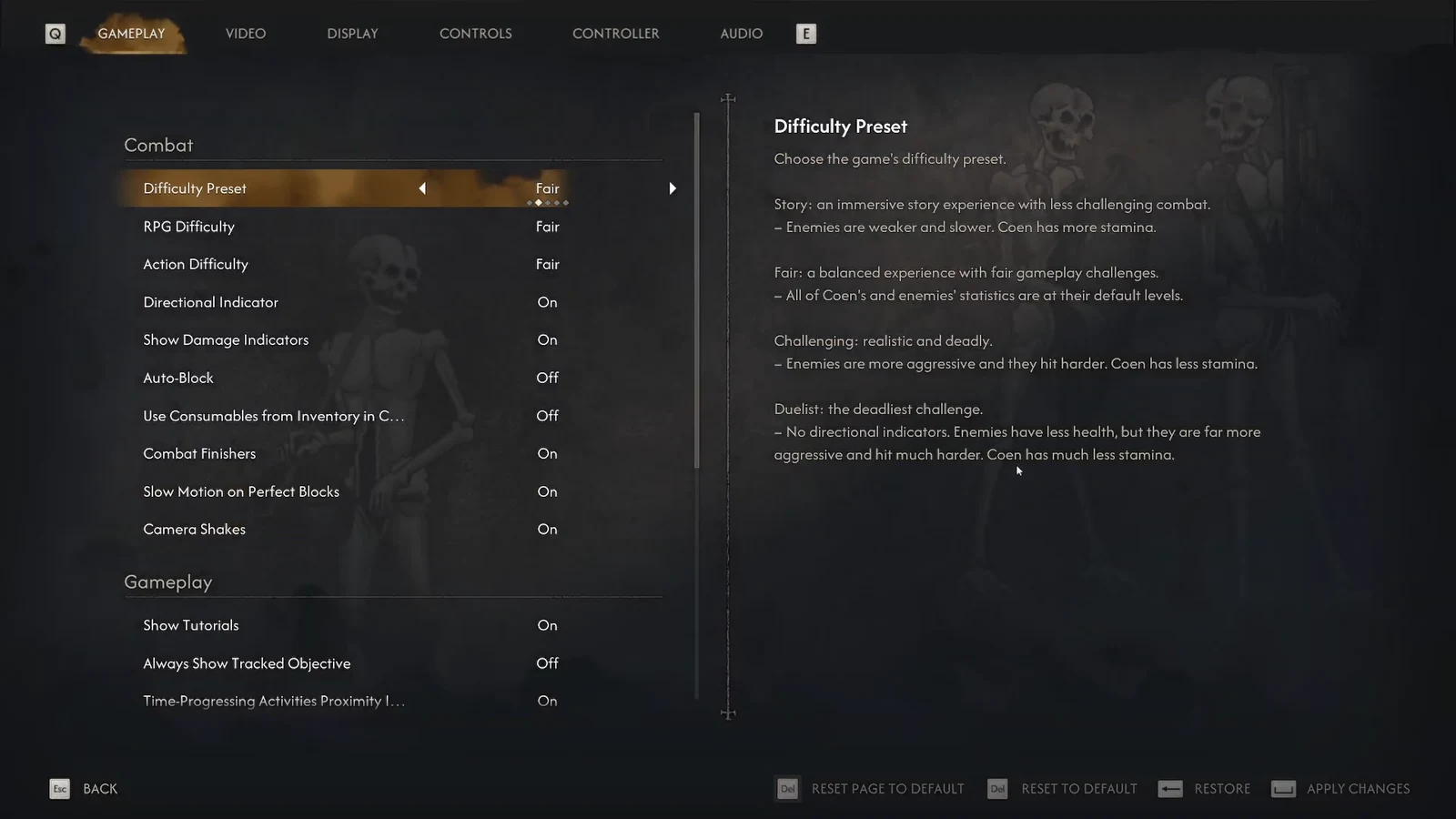 Gameplay settings tab with Difficulty Preset highlighted and set to Fair