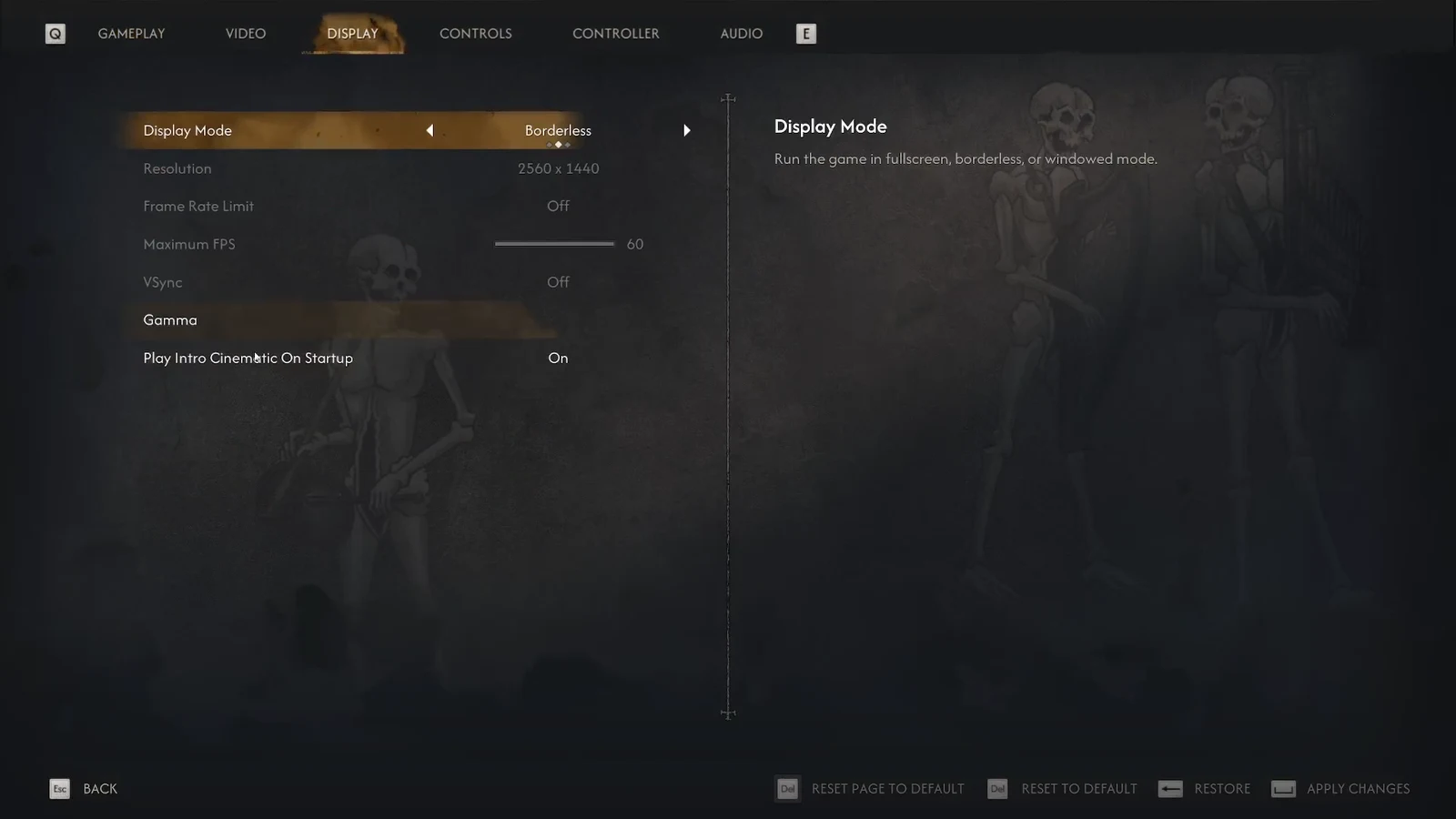 Display settings tab open with Display Mode highlighted and set to Borderless