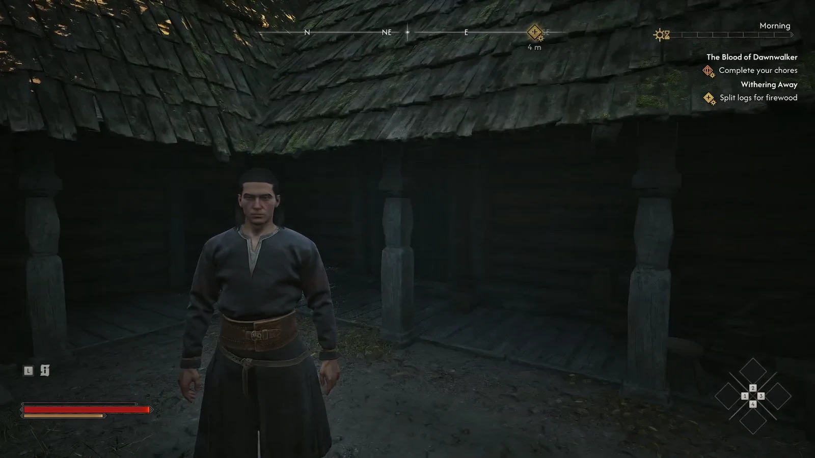 Player character under a thatched roof with the chores quest objectives tracked on the right