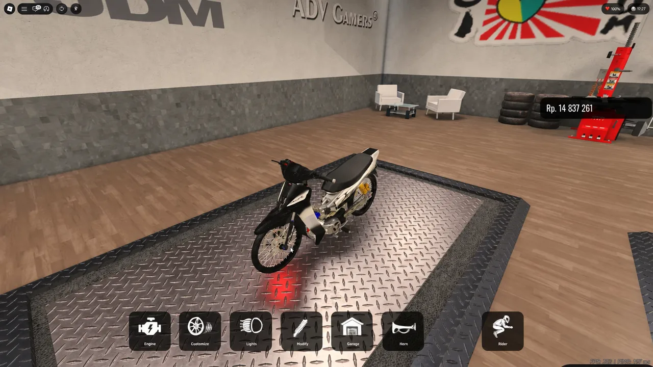 The Modification garage view with the selected motorcycle loaded and the customization menu open