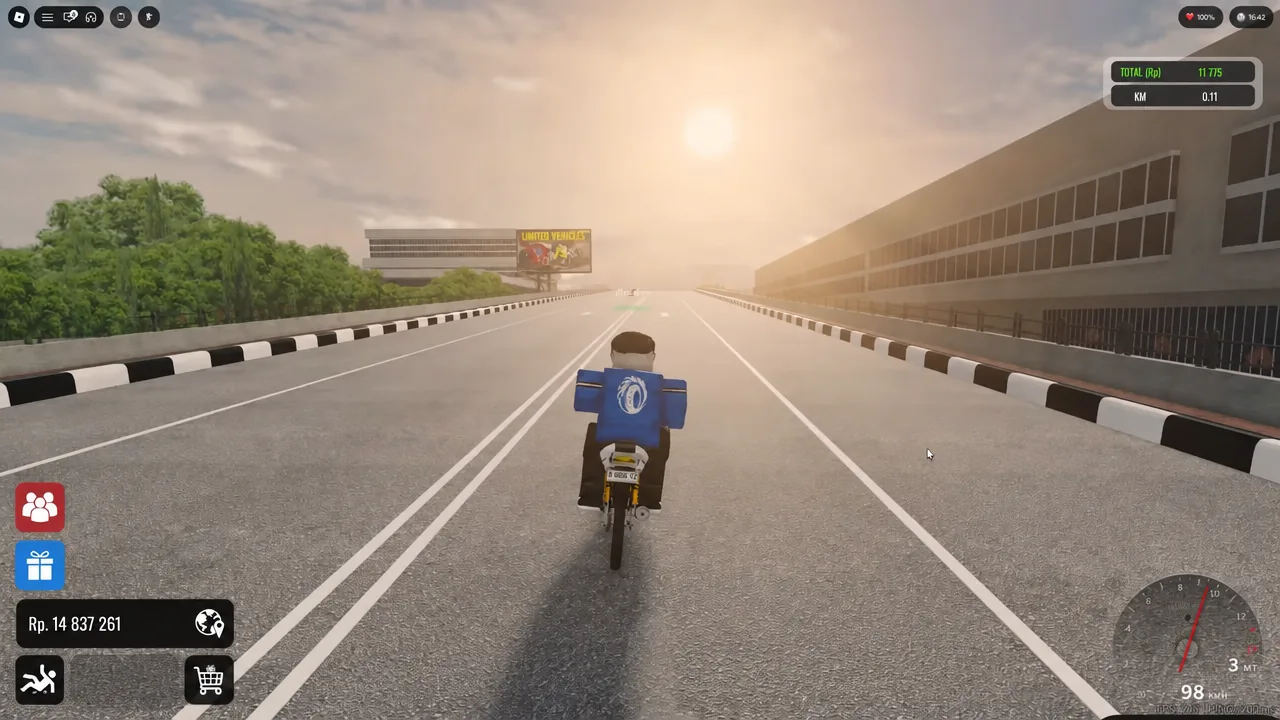 Motorcycle riding down the road with the speed and distance HUD on screen