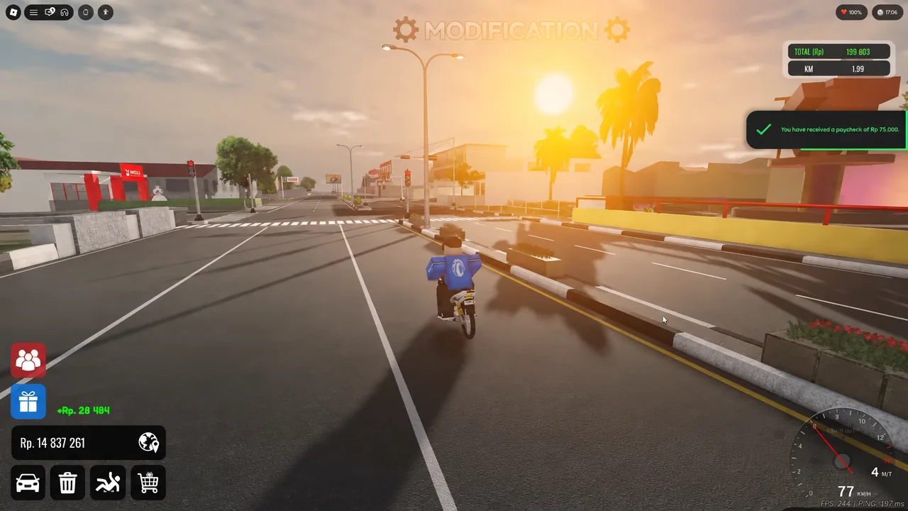 Riding a motorcycle through the city with a paycheck notification popping up in the corner