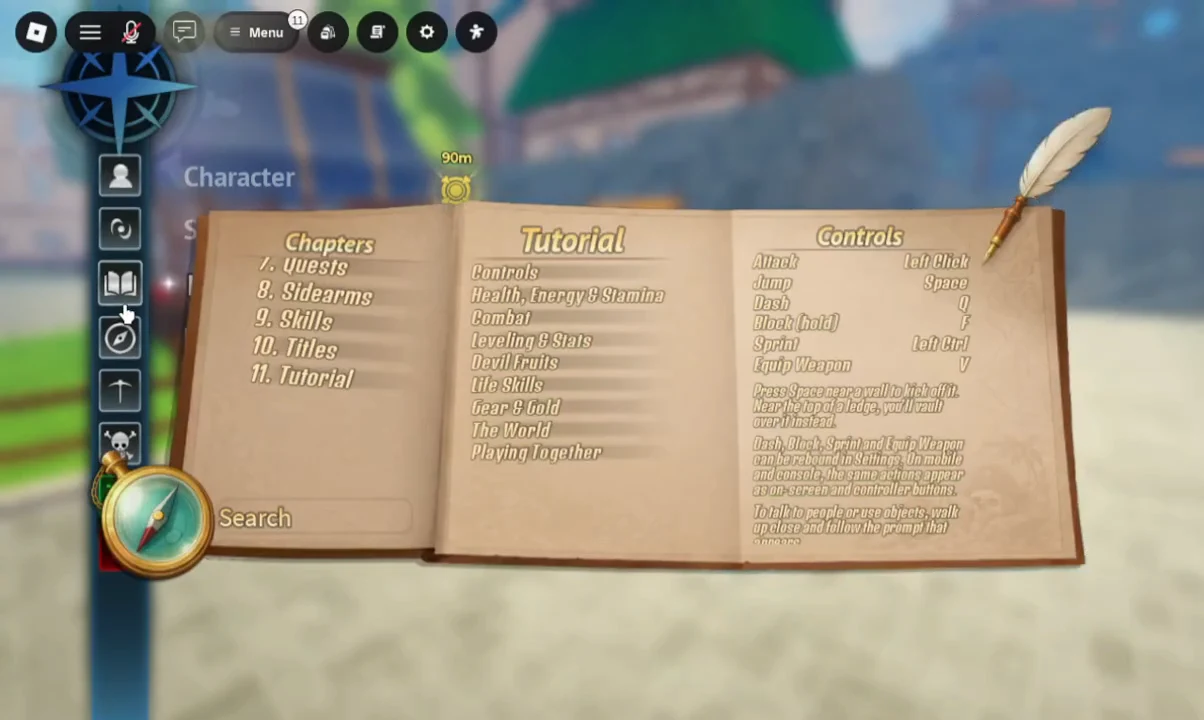 Open Tutorial book in the Logbook showing chapter list, controls entry, and a search field