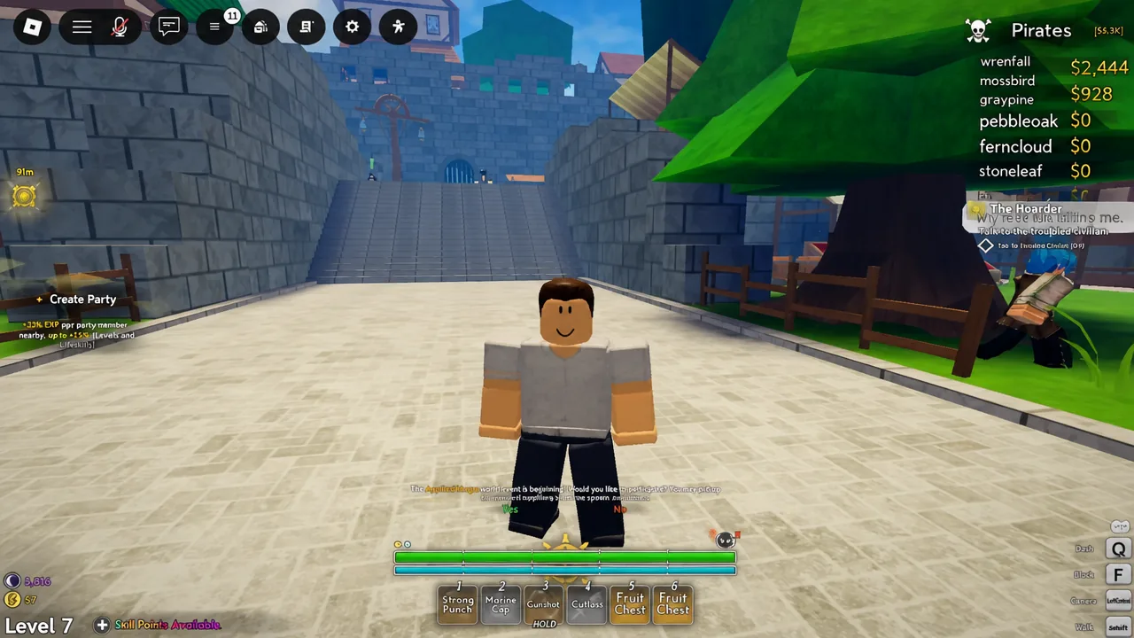 Player character standing in the town plaza with The Hoarder quest panel open on screen