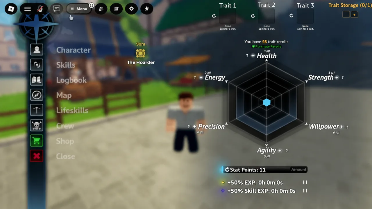 Character screen showing empty Trait 1 to 3 slots, Trait Storage, and reroll buttons