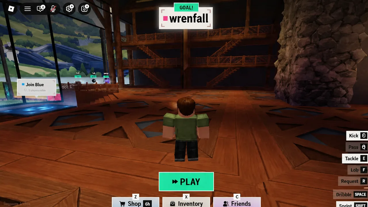 The Illegal Soccer lobby with the PLAY button highlighted, ready to queue for a match