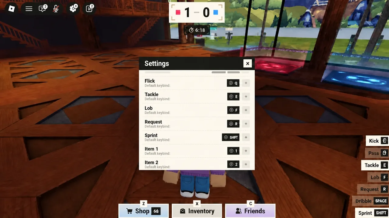 The Keybinds section of the settings menu listing actions including Flick and Tackle