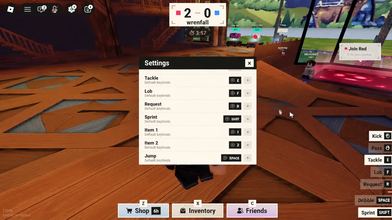 Keybind rows for Tackle, Lob and Sprint shown with their default assigned keys