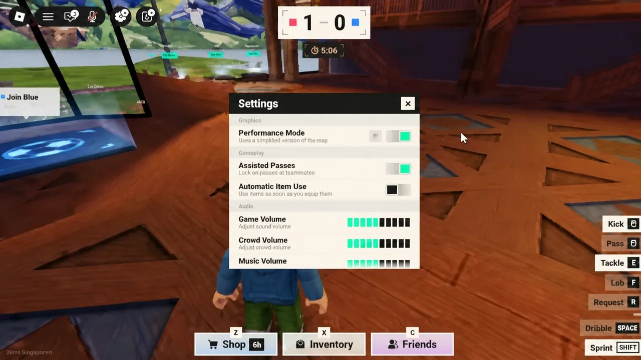 Illegal Soccer settings panel open with the Performance Mode toggle switched on